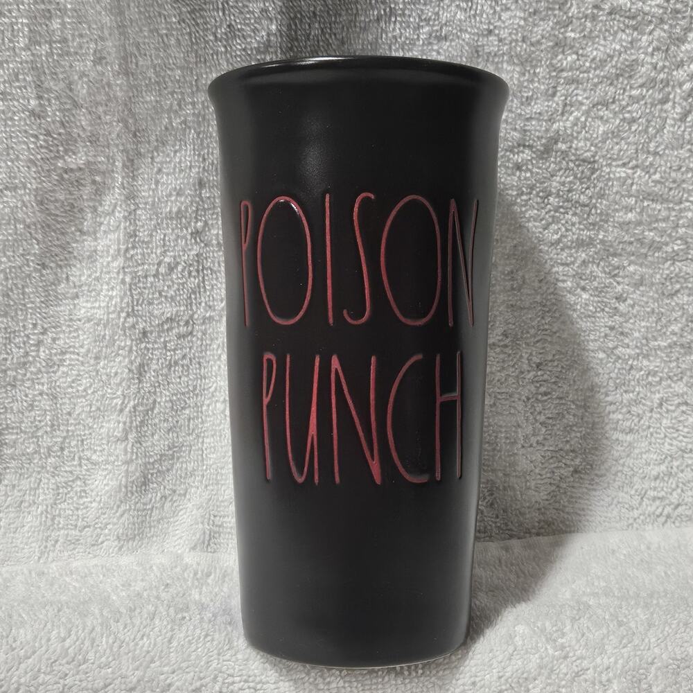 Rae Dunn POISON PUNCH Black Ceramic Travel Mug Lid Halloween Magenta 221